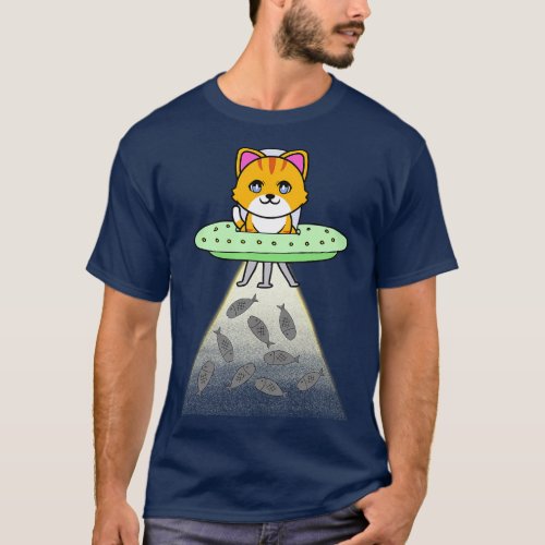 Funny orange Cat is flying a spaceship T_Shirt