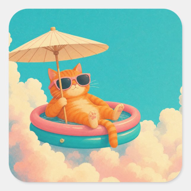 Funny Orange Cat Pool Float Summer Vacation Square Sticker (Front)
