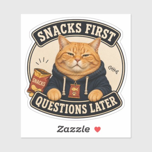 Funny Orange Cat Vinyl Sticker | Snacks First Ques