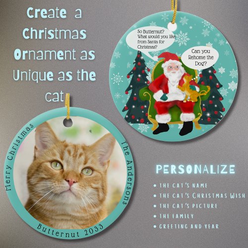 Funny Orange Cat Visits Santa Custom Christmas Ceramic Ornament