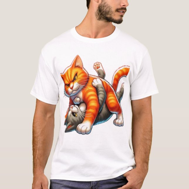 Funny Orange Cat Wrestling Cartoon T-Shirt (Front)