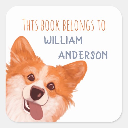 Funny Orange Corgi Dog_This Book Belongs To Name  Square Sticker