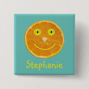 Funny Orange Fruit Smiling Face Kids Name Button