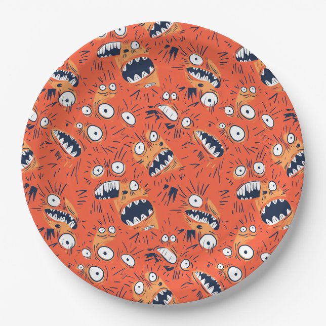 Funny Orange Monster Shouting Face  Paper Plates (Front)