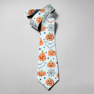 Funny Orange Pumpkins Bats Spider Nets Halloween Neck Tie
