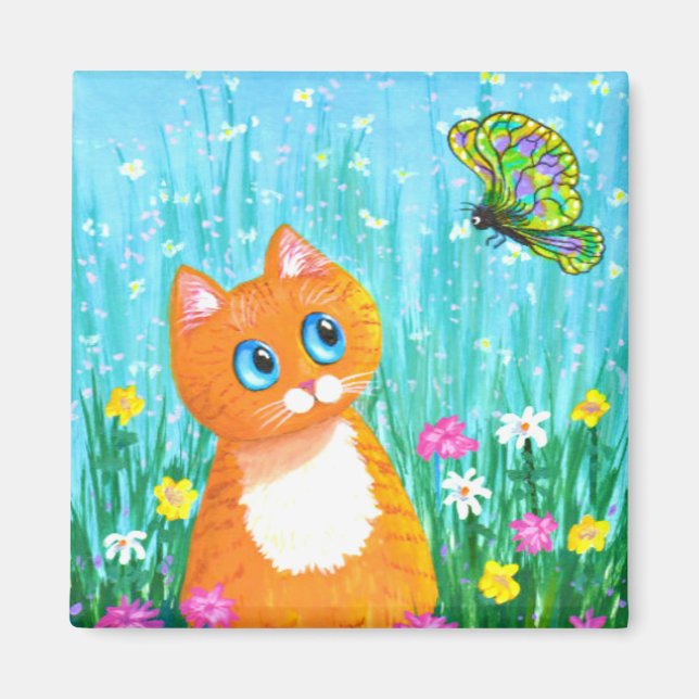 Funny Orange Tabby Cat Butterfly Creationarts Magnet (Front)