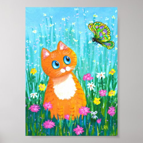 Funny Orange Tabby Cat Butterfly Creationarts Poster