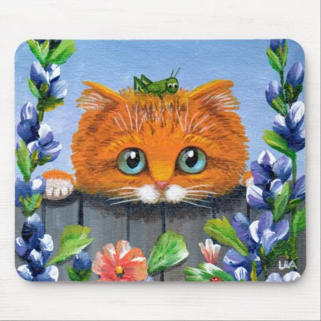 Funny Orange Tabby Cat Grasshopper Creationarts Mouse Pad