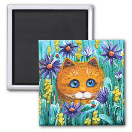 Funny Orange Tabby Cat Mouse Flowers Creationarts Magnet