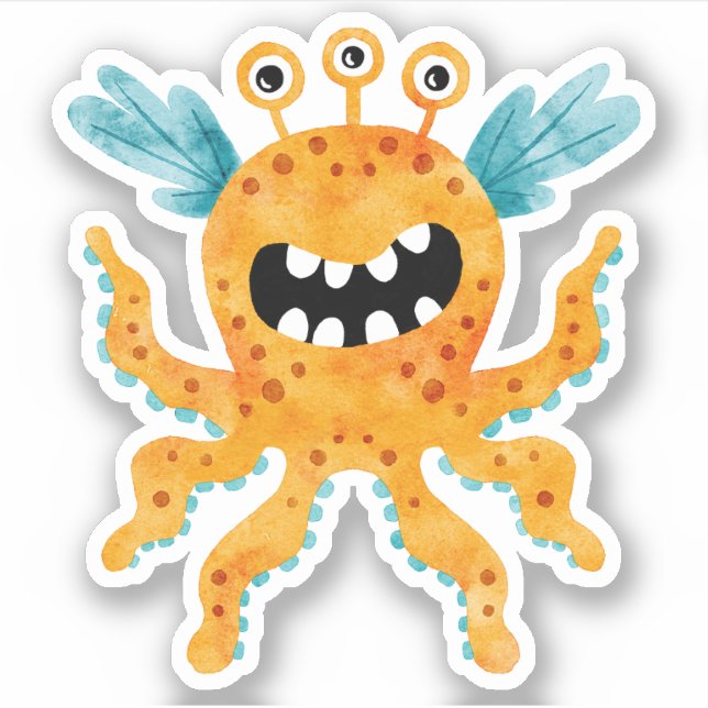 Funny Orange Three Eyed Monster with Tentacles Sticker (Front)