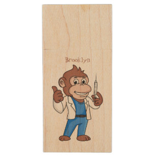 Funny orangutan ape cartoon doctor wood flash drive