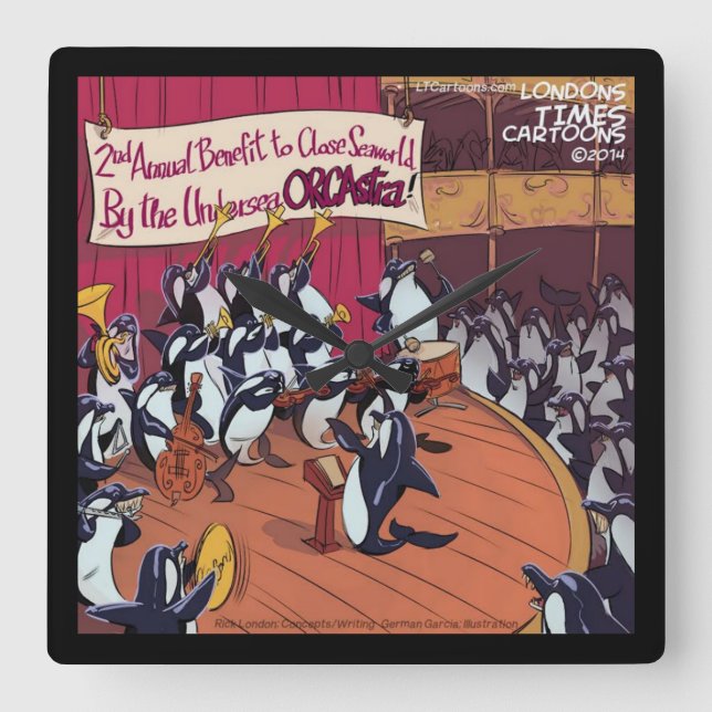Funny Orca Whale Orchestra Square Wall Clock (Front)