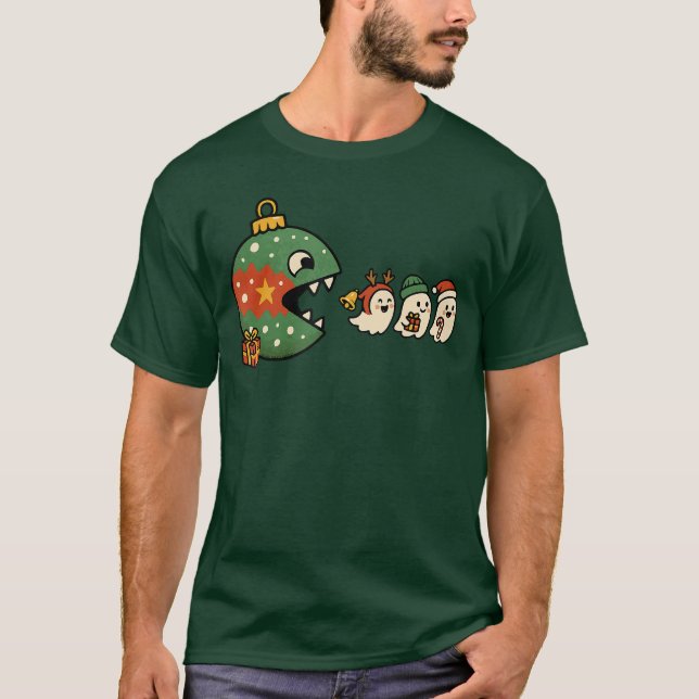 Funny Ornament Eating Holiday Ghosts Gamers Christ T-Shirt (Front)