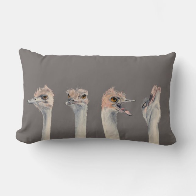 Funny Ostrich Bird Watercolor Lumbar Pillow (Front)