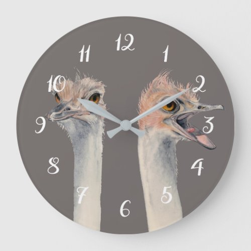 Funny Ostrich Bird Watercolor Painting Large Clock