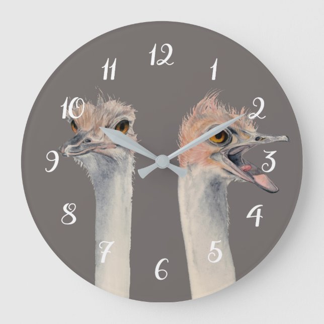 Funny Ostrich Bird Watercolor Painting Large Clock (Front)