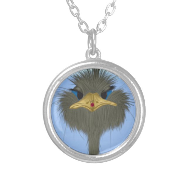 Funny Ostrich George And The Cute Ladybug Silver Plated Necklace (Front)