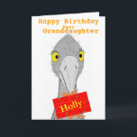 Funny Ostrich, Granddaughter, add name, Birthday Card<br><div class="desc">A drawing of a cute and funny district holding a gift with recipients on it. Fully customisable birthday card. Versions for son,  daughter,  granddaughter,  Grandson,  or change the text.</div>