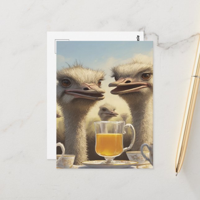 Funny Ostrich Teatime Postcard (Front/Back In Situ)