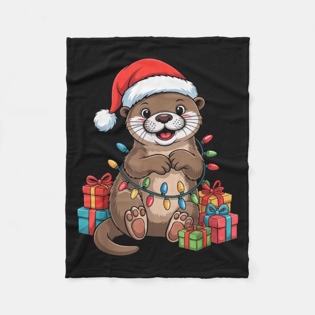 Funny Otter Santa Hat Animals Lovers Ugly Christma Fleece Blanket (Front)
