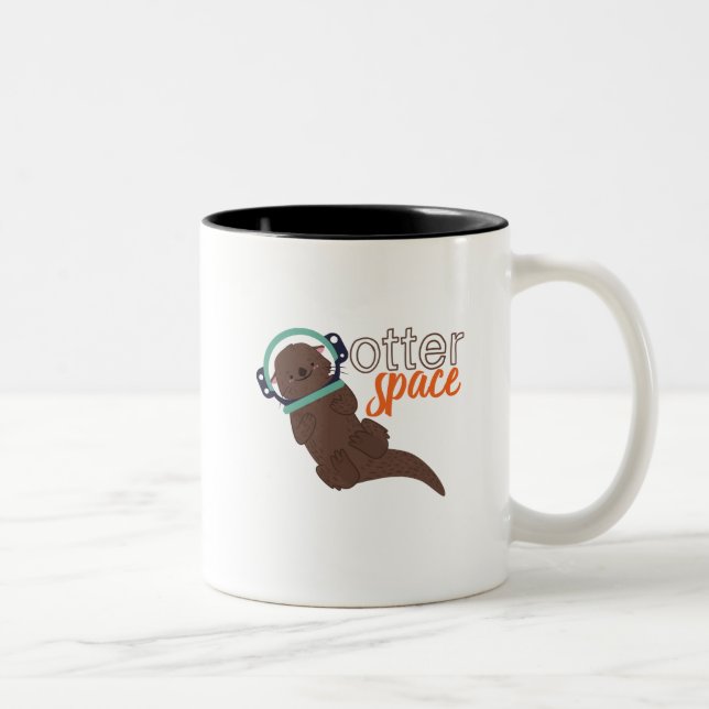 Funny Otter Space Animal Cartoon and Humor Two-Tone Coffee Mug (Right)