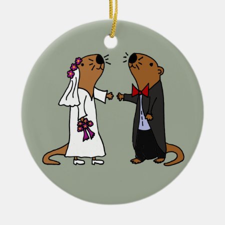 Funny Otter Wedding Cartoon Ceramic Ornament