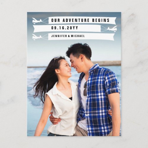 Funny Our Adventure Begins Photo Wedding Announcement Postcard