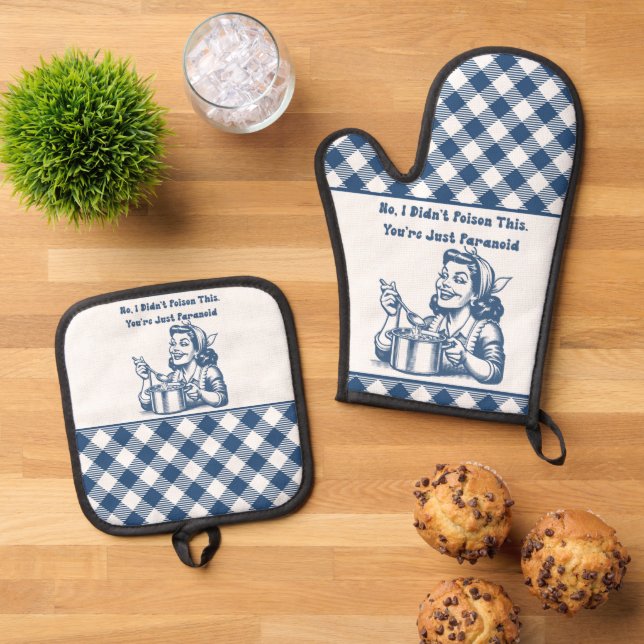 Funny Oven Mitt and Pot Holder Set Retro Plaid (Top Down)