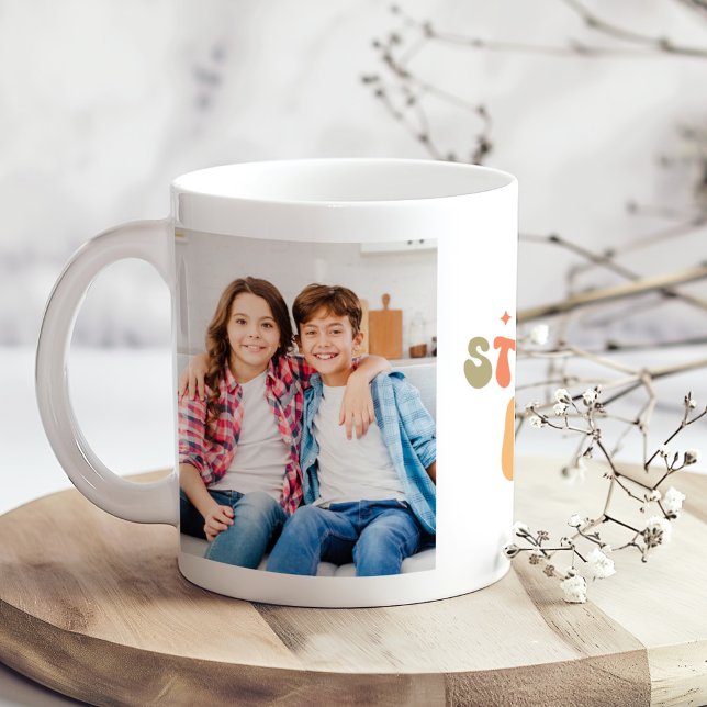 Funny "Over Stimulated Moms Club" 2 Photos  Coffee Mug (Funny "Over Stimulated Moms Club" 2 Photos Coffee Mug on a boho table with tiny white flowers)