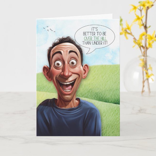 Funny Over the Hill Birthday Cartoon Man Card (Yellow Flower)