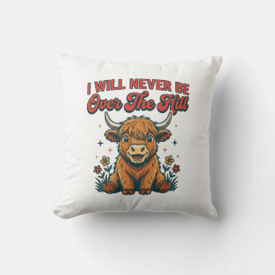 Funny Over The Hill Highland Cow Birthday Design_1 Throw Pillow