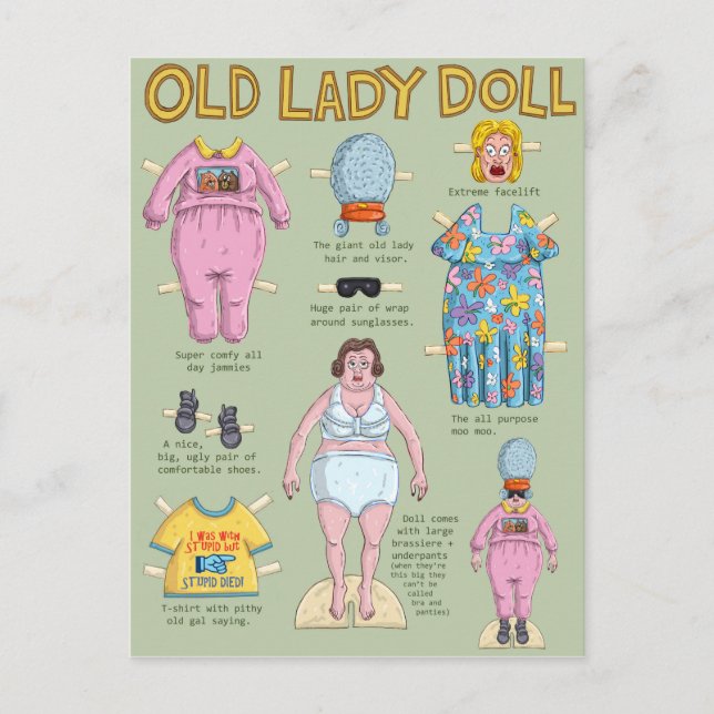 FUNNY Over the Hill Old Lady Paper Doll Postcard (Front)