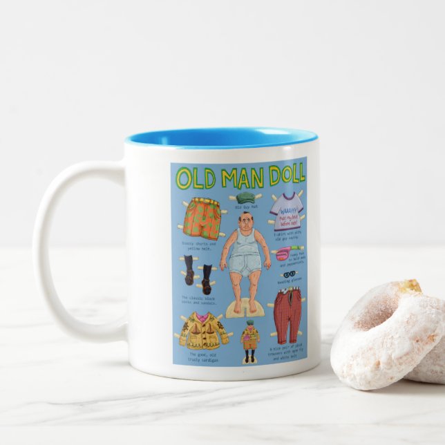 FUNNY Over the Hill - Old MAN Paper Doll. Two-Tone Coffee Mug (With Donut)
