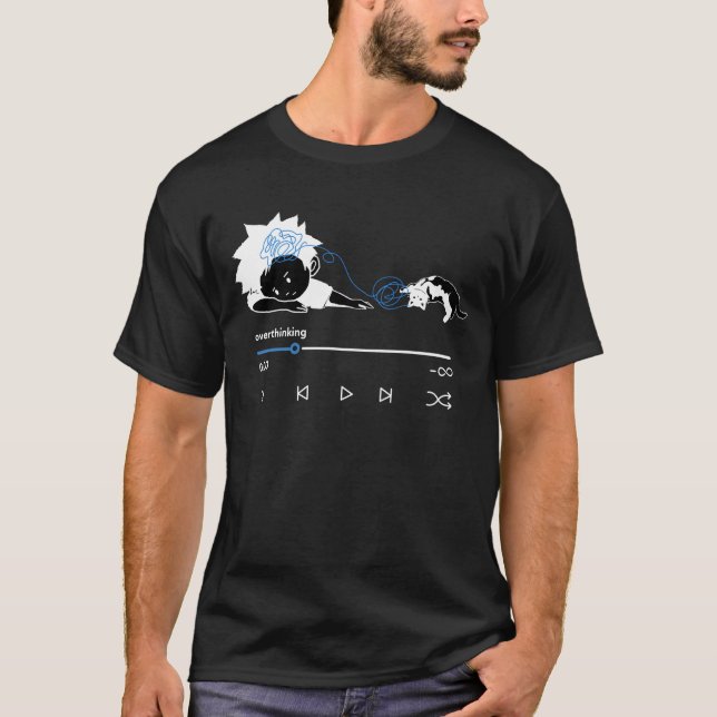 Funny Overthinking Music Player Aesthetic Cat T-Shirt (Front)