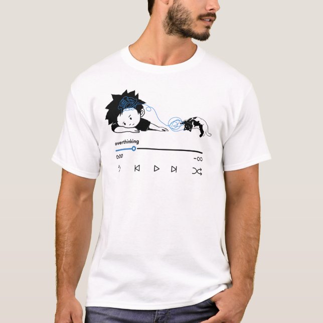 Funny Overthinking Music Player Aesthetic Cat T-Shirt (Front)