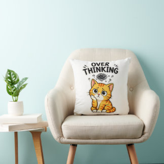 Funny Overthinking Orange Tabby Cat Throw Pillow