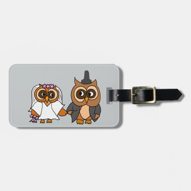 Funny Owl Bride and Groom Wedding Luggage Tag (Front Horizontal)