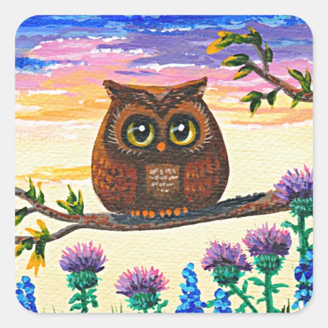 Funny Owl Cartoon Creationarts Square Sticker (Front)