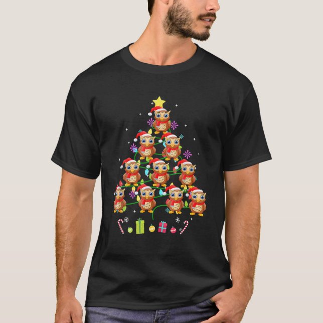 Funny Owl Christmas Tree Color Led Light T-Shirt (Front)