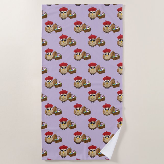 Funny Owl Easter Egg Hunt Pattern Beach Towel (Front)