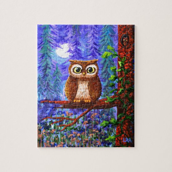 Funny Owl Forest Moon Whimsical Creationarts Jigsaw Puzzle