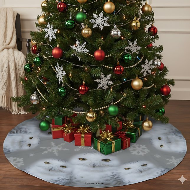 Funny Owl I Want for Christmas Snowy Owls Family Brushed Polyester Tree Skirt (Snowy Owls Tree Skirt Cover Photo)