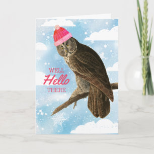 Funny owl knitting crochet handmade Christmas Holiday Card