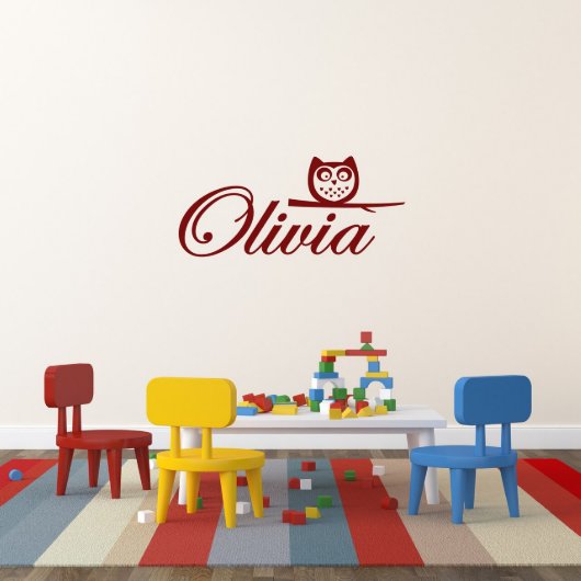 Funny Owl On Branch With Name Large Wall Decal (Front)