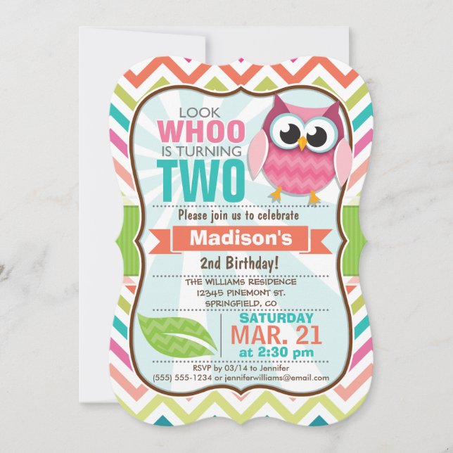 Funny Owl on Cute Chevron Pattern Birthday Party Invitation (Front)