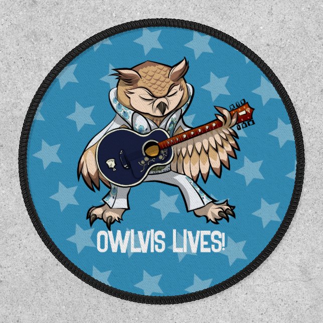 Funny Owl Owlvis Lives! Guitarist Music Cartoon Patch (Front)