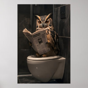 Funny Owl Reading Newspaper on Toilet, Bathroom Poster