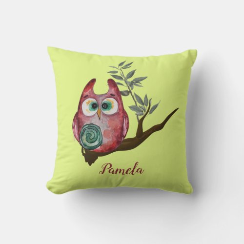 Funny Owl Sitting on Tree Branch Add Your Name Throw Pillow