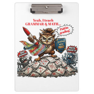 Funny Owl Teacher Mascot - Grammar & Math Hero - Clipboard