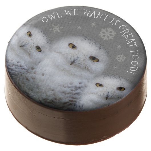 Funny Owl We Want for Christmas ... Snowy Owls Chocolate Covered Oreo (Angled)